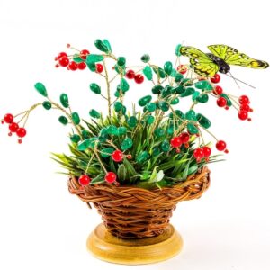 Букет брусника в корзинке, коралл, халцедон, 110 мм