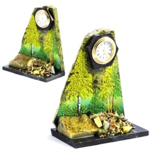 Часы из камней змеевик, кварц, основание празиолит, 155 мм