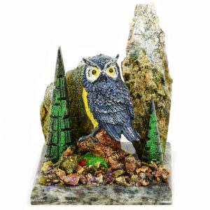 Композиция из камня «Сова» Драгоценный камень змеевик, литьевой мрамор