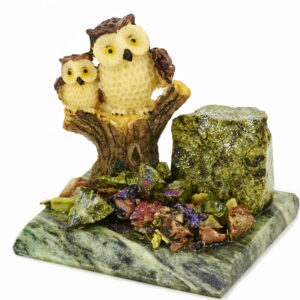 Композиция из камня «Сова с совенком» Драгоценный камень змеевик, литьевой мрамор