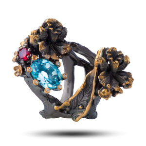 Кольцо «Орхидеи», камни топаз, фианит, гранат, размер 17,5