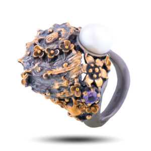 Кольцо «Ракушка», аметист, жемчуг, размер 17