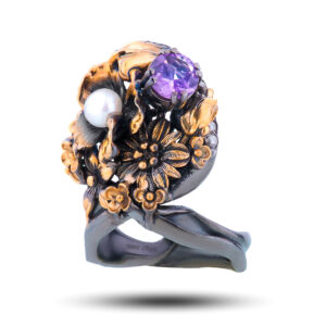 Кольцо «Фелиция»,аметист, жемчуг, фианит, празиолит