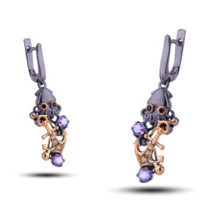 Серьги «Якорь», камни аметист, шпинель, фианит