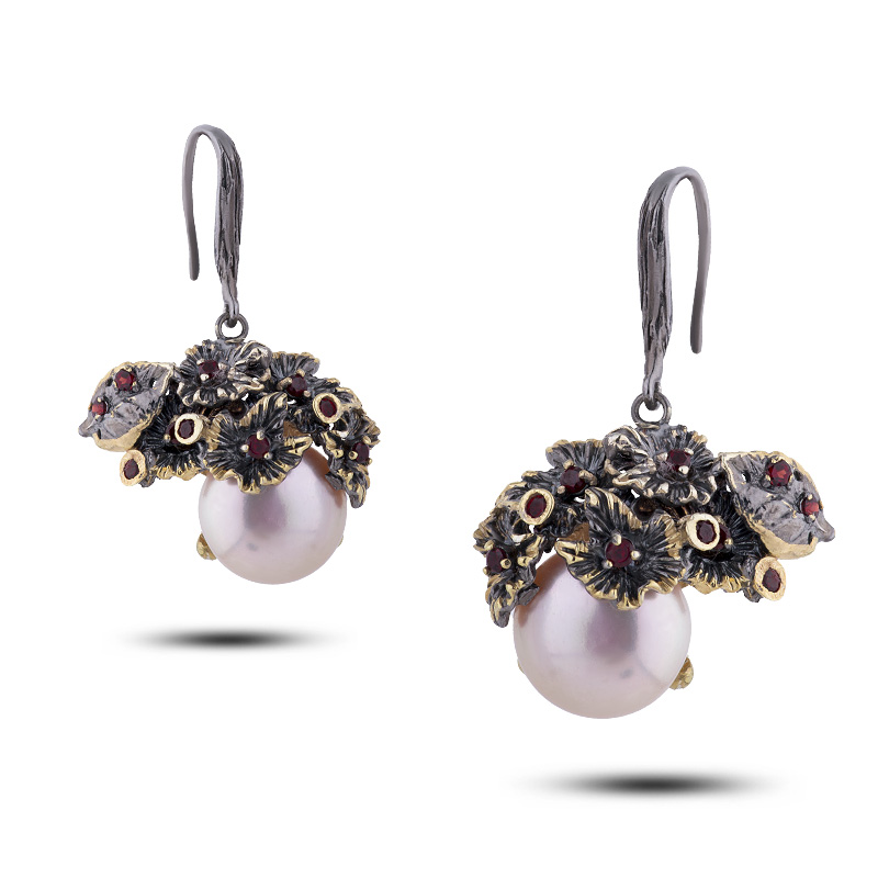 Серьги с жемчугом и гранатами серебро Жемчужина