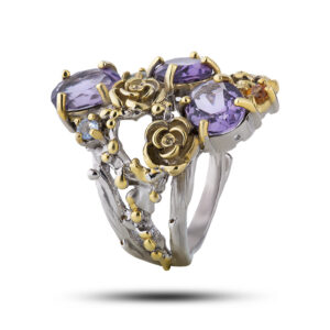 Кольцо «Розы» с камнями аметист, сапфир, размер 18,75