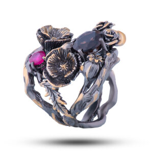 Кольцо «Маки», камни раухтопаз, рубин, фианит, размер 17,75