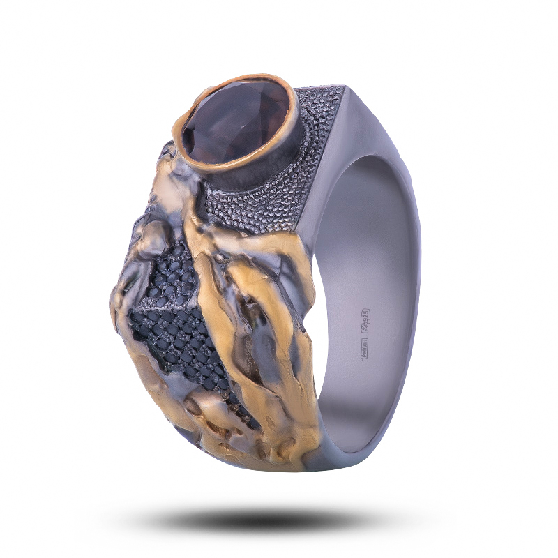 еребряное кольцо с камнем раухтопаз и фианитами Печать Дракона