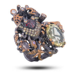 Кольцо «Краб», камни раухтопаз, топаз, фианит, цитрин, размер 17,5