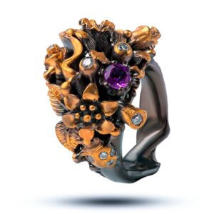 Кольцо «Флора», драгоценные камни аметист, фианит