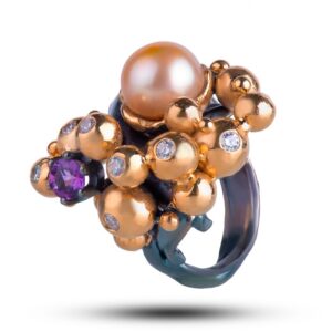 Кольцо «Пена», фианит, жемчуг, аметист