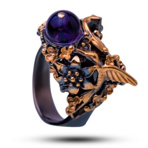 Кольцо «Колибри», драгоценные камни фианит, аметист