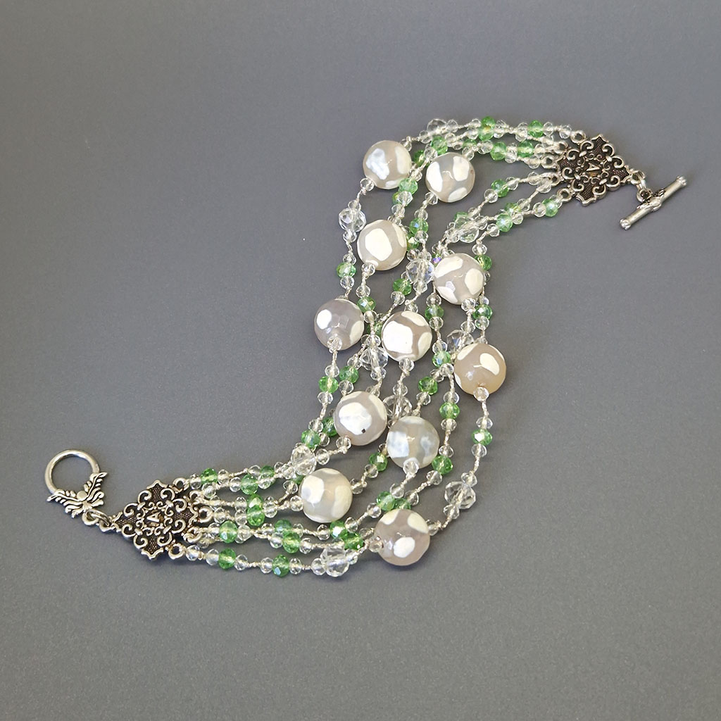 Браслет из камня агат, Аида-8553, ювелирный сплав, серебрение