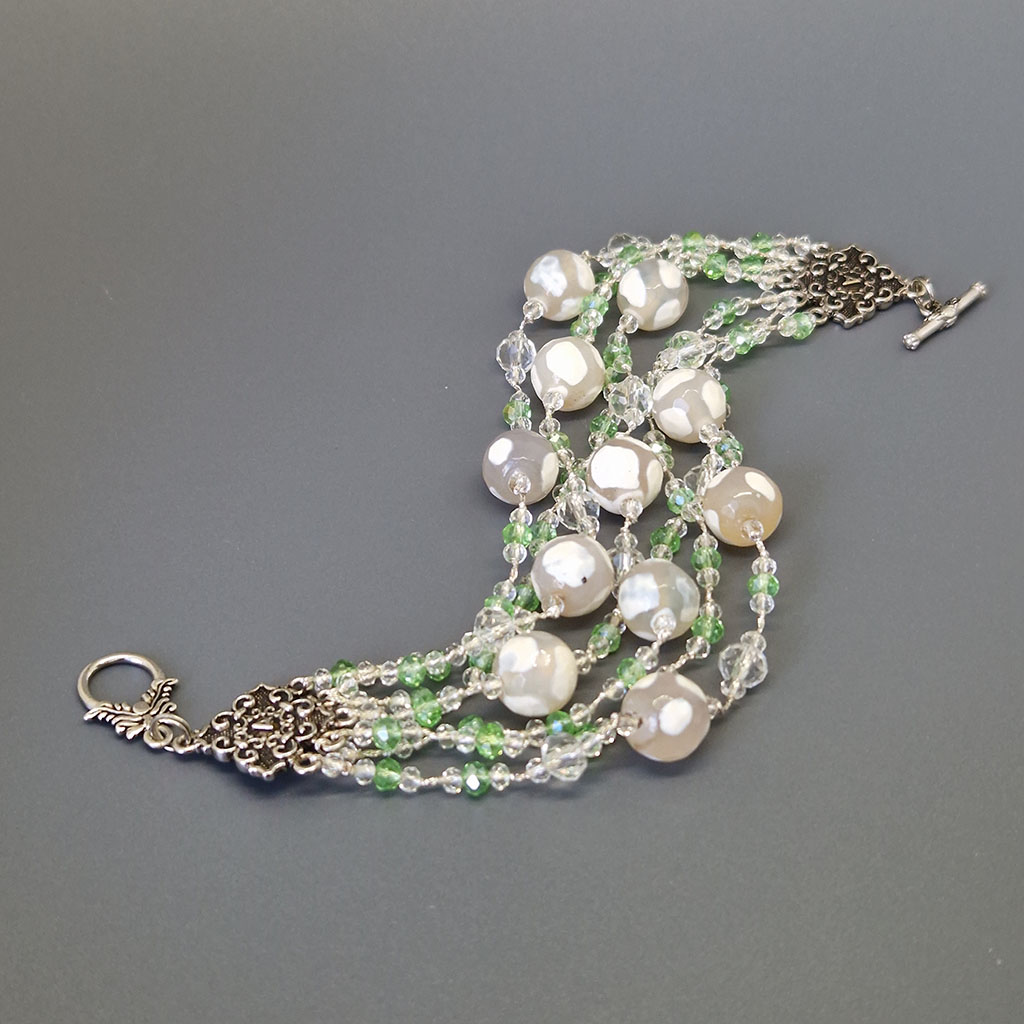 Браслет из камня агат, Аида-8553, ювелирный сплав, серебрение