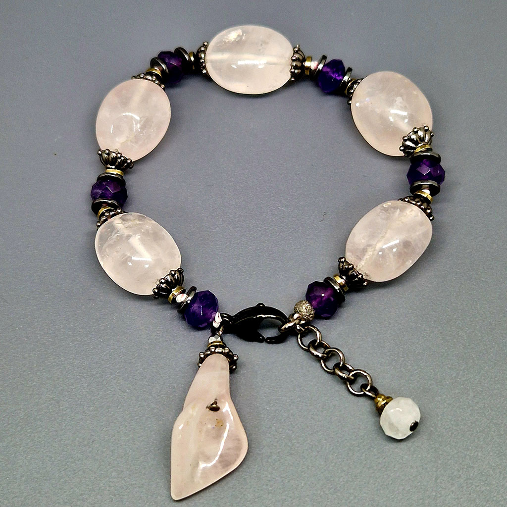 Браслет из камней розовый кварц, аметист, 18 см, "Эдельвейс", Арт. АП-18009