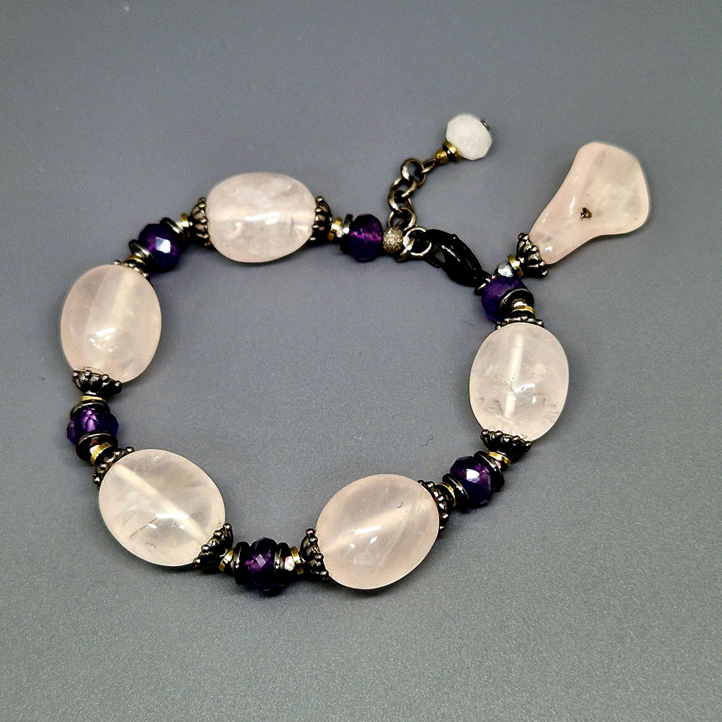 Браслет из камней розовый кварц, аметист, 18 см, "Эдельвейс", Арт. АП-18009