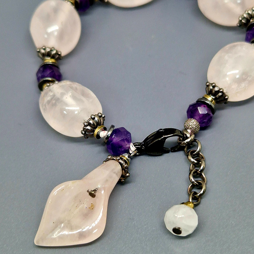 Браслет из камней розовый кварц, аметист, 18 см, "Эдельвейс", Арт. АП-18009